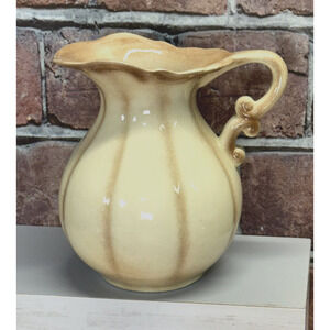 Vintage Studio Art Pottery Pitcher Glossy Cream Ivory w/Brown Wheat Tan Stripes‎